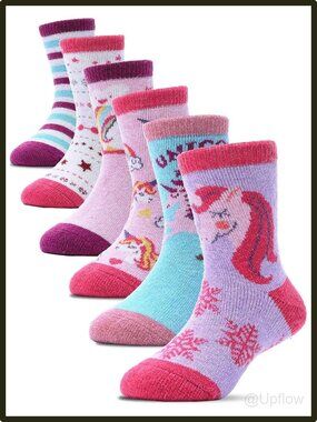 Merino Wool Kids Socks 6 Pack Thick Thermal Warm Winter Crew Hiking Toddler Pink